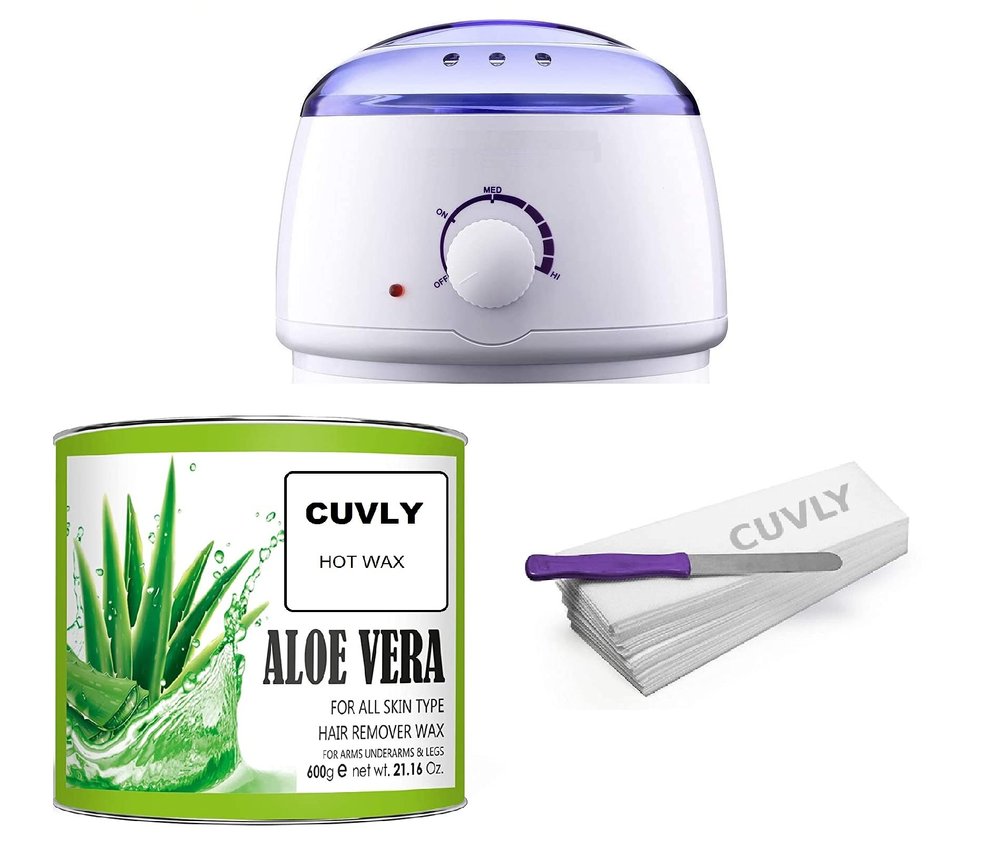 CUVLY Wax Kit Combo Wax Heater Machine Waxing Kit Combo + 600 gram Hot Aloe Vera Wax Cream + Wax Strips + Knife | Waxing Kit Automatic Wax Heaters (ALOE VERA WAX)