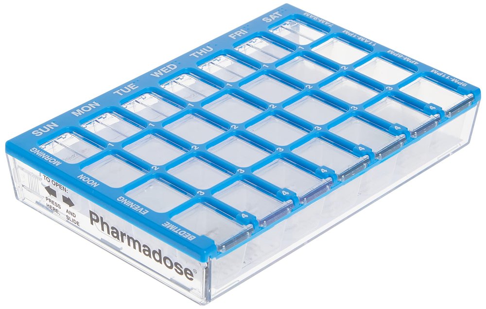 Apothecary Four-a-Day Weekly Pharmadose Medication Organizer (Approximately 6 inches by 4 inches) Colors May Vary
