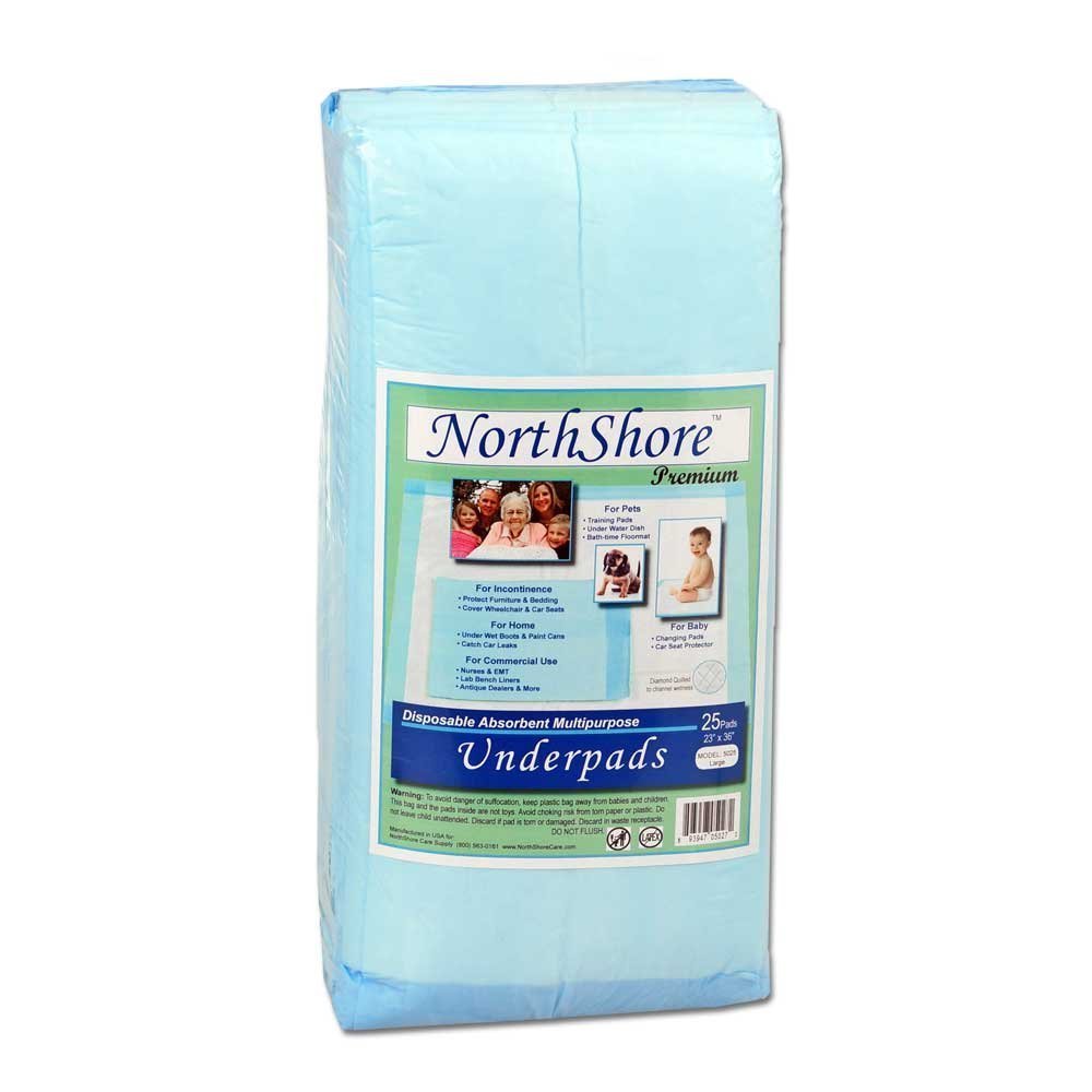 NorthShore Premium Blue Disposable Underpads (Chux), Large Size 23 x 36, Pk/25