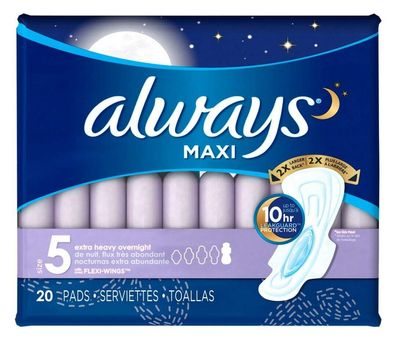 Always Extra Heavy Overnight Maxi Pads with Flexi-Wings, 20 Count