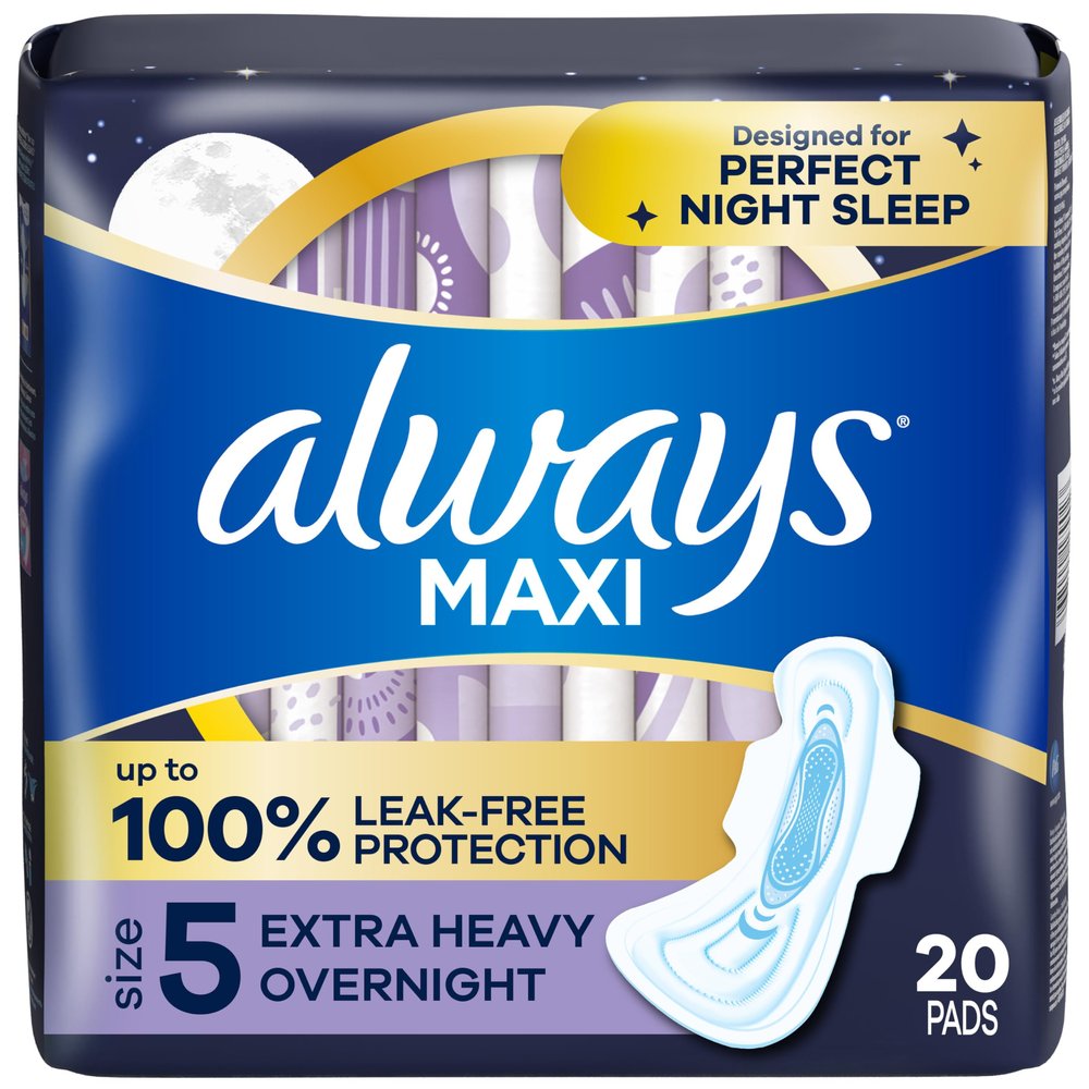 Always Maxi Overnight Extra Heavy Flow with Wings, Unscented Pads 20 Count