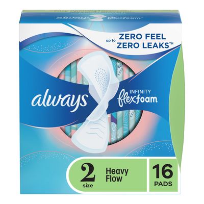 Always Infinity Size 2 Feminine Pads with Wings, Super Absorbency, Unscented, 16 Count