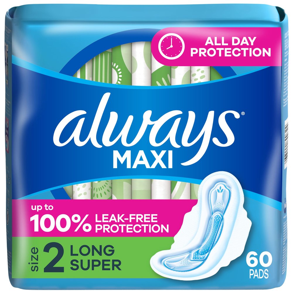 Always Maxi Size 2 Long Pads with Wings, Super Absorbency, Unscented, 60 Count,Packaging May Vary