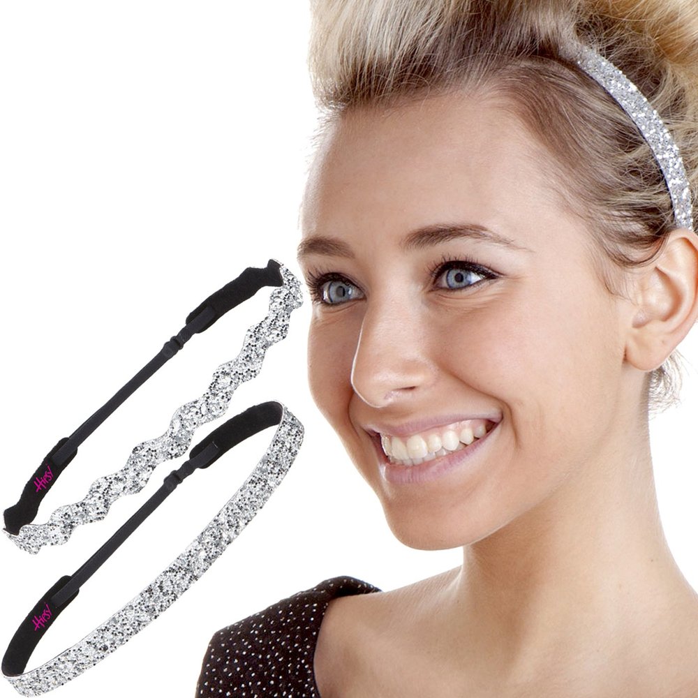 Hipsy Women's Non-Slip Headband Adjustable Silver Glitter 2pk