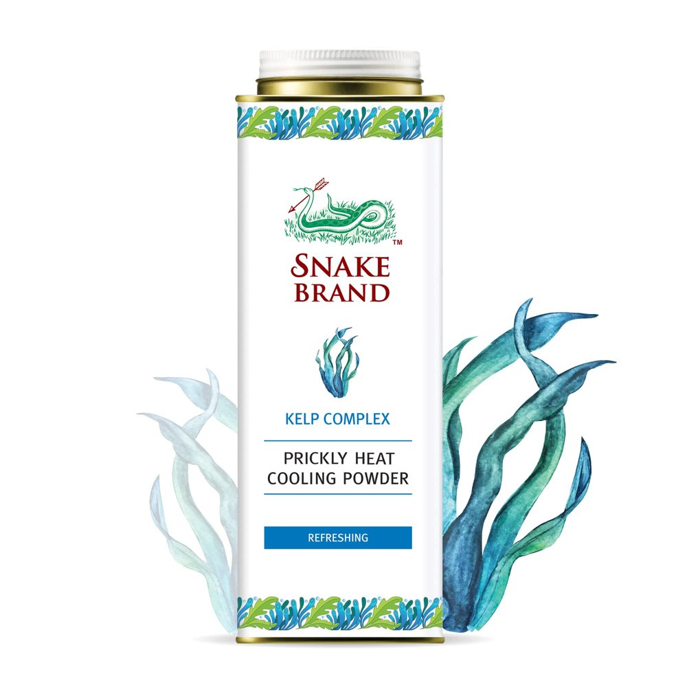 Snake Brand Prickly Heat Cooling Powder Kelp Complex 300g Instant Cooling, Heat Rash Relief Talc, Refreshing Ocean Scent