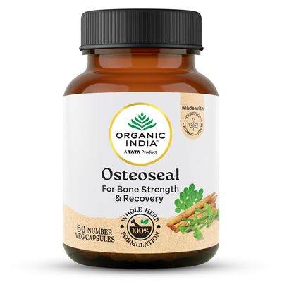 A TATA Product - Organic India Osteoseal 60 Capsule - Bio-available Calcium, Phosphorus & Amino Acids, Helps Increase Bone Mineral Density, Healthy Bone & Teeth GMP & NPOP Certified Organic