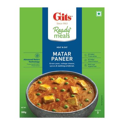 Gits Ready to Eat Matar Paneer, Pure Veg, Heat and Eat Spicy Curry, Microwaveable, 285g