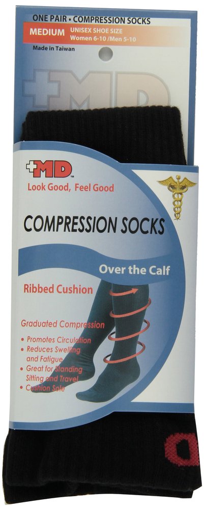 MD USA Ribbed Cotton Compression Socks with Cushion, Black, Medium by MD USA