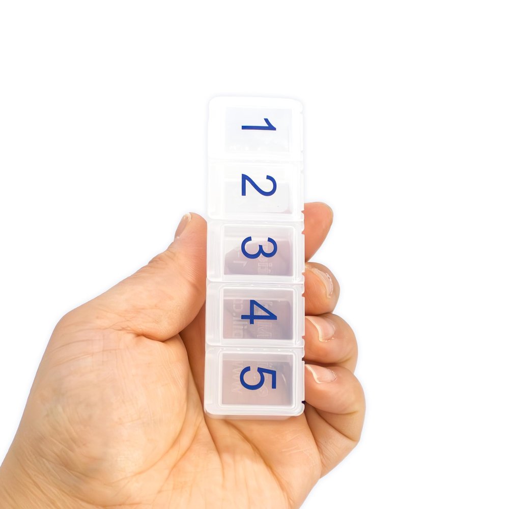 5 X Per Day Pillbox Organize and Dispense all your pills up to five times per day with this e-pill pill box.