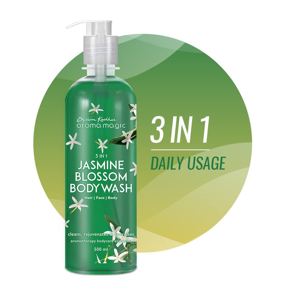 Aroma Magic 3 in 1 Jasmine Body Wash treats rashes, boosts suppleness, reduces pollution effects with jasmine & sandalwood oils, Apple cider vinegar, coconut oil, marigold extract & vitamin E- 220ml
