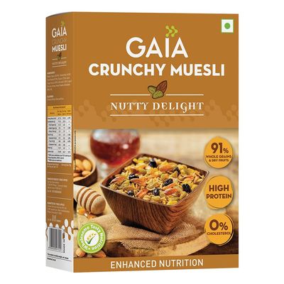 GAIA Nutty Delight Crunchy Muesli 400 gm Box - A Perfect Blend of Multigrains, Nuts, Oats and Cornflakes The Ultimate Healthy and Delicious Breakfast Cereals,Source of Protein, Zero Trans FatHigh Fiber