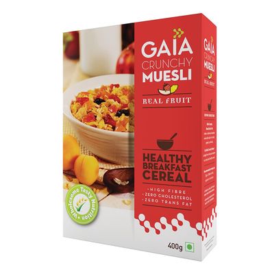 Gaia Crunchy Real Fruit Muesli 400 GM - The Deliciously Crunchy and Nutritious Breakfast Cereals| The Perfect Blend of Crunch, Fiber-Rich Oats, Nuts, and Real Fruits.That'll Fuel You All Day! Get your hands on now! Transform Your Mornings