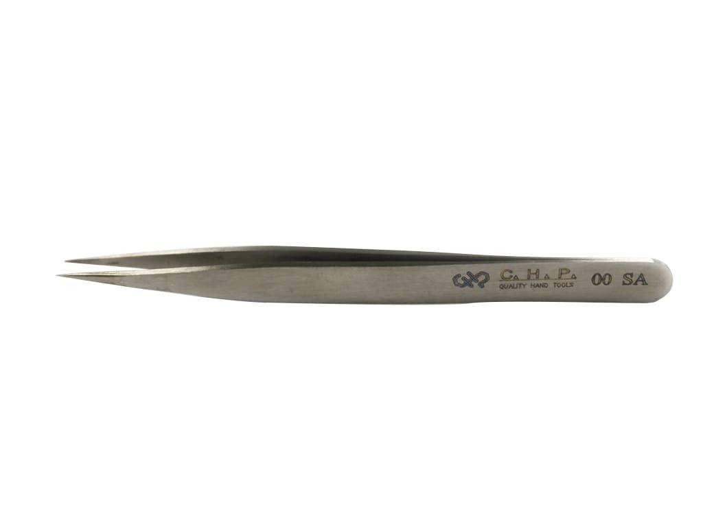 Hakko CHP 00-SA Fine-Tip Tweezers, Straight, Flat Tips, Non-Magnetic Stainless Steel, Corrosion-Resistant, Smooth Grip, 4-1/2 Length