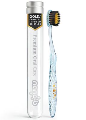 Antibacterial Manual ToothbrushGold & Bamboo CharcoalCrystal Design - Pro Head, Soft Medium Bristles - Against Bleeding, Sensitive Teeth Gum - Deep Clean Plaque Removal - Travel Case - Adult, Kid