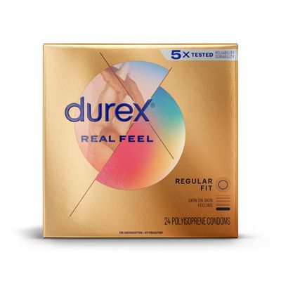 Durex Condom Real Feel Non Latex Condoms, 24 Count - Ultra Fine & Lubricated for skin on skin feeling
