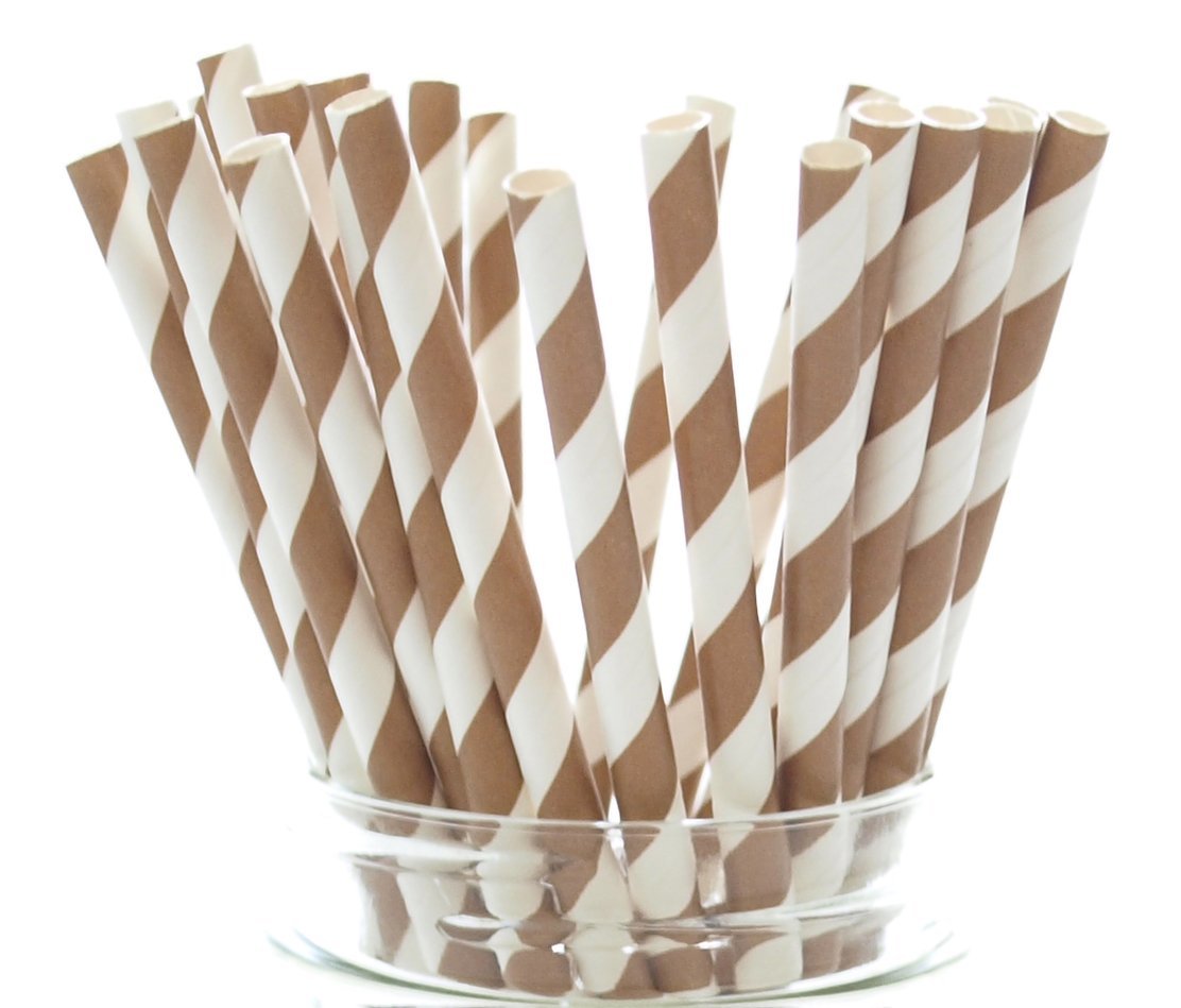Brown Vintage Stripe Paper Straws - 25 Pack - Use As Cake Pop Stick, Drinking Straws or Cupcake Topper, Brown Striped Straws