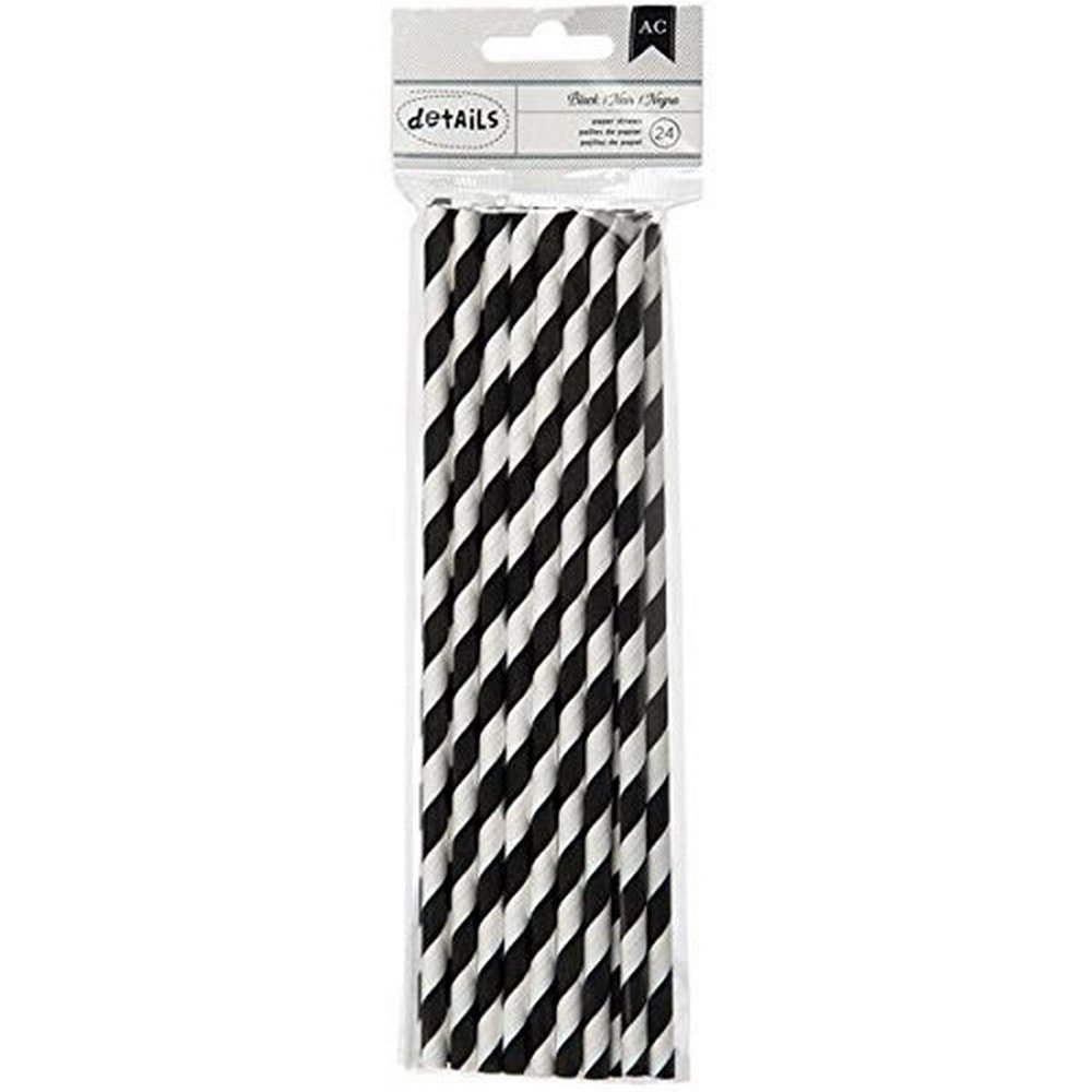 American Crafts 24 Count Lined Paper Straws, Black