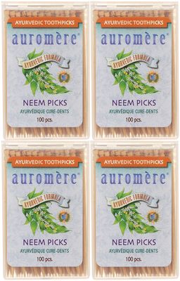 Auromere Ayurvedic Neem Toothpicks - Vegan, Natural, Non GMO, Made from Birchwood (100 Count), 4 Pack