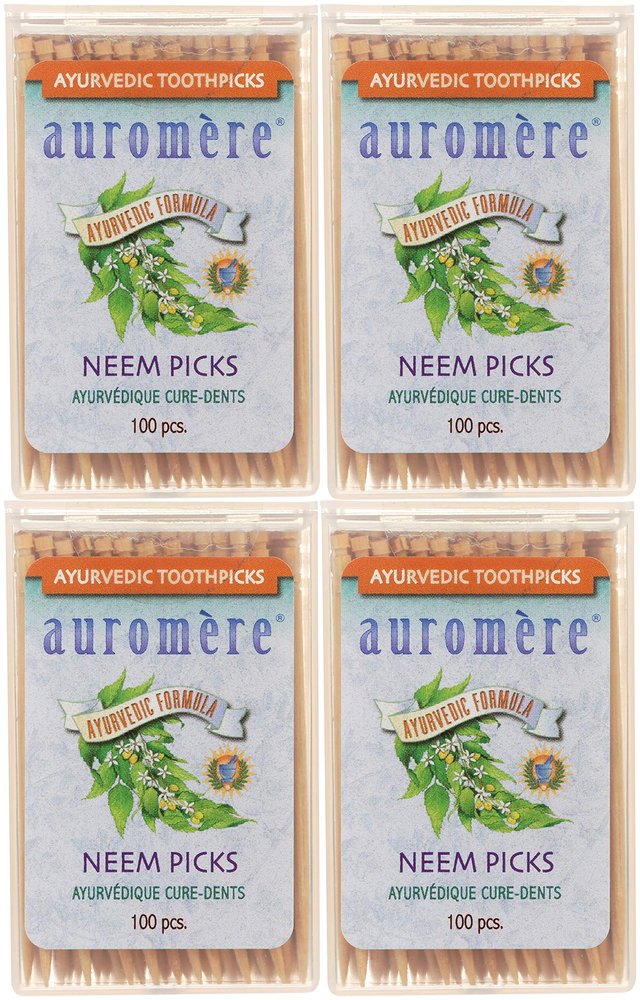 Auromere Ayurvedic Neem Toothpicks - Vegan, Natural, Non GMO, Made from Birchwood (100 Count), 4 Pack