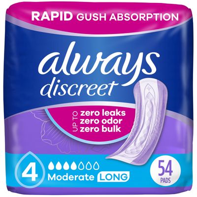 Always Discreet, Incontinence Pads, Moderate, Long Length, 54 Count (Packaging May Vary)