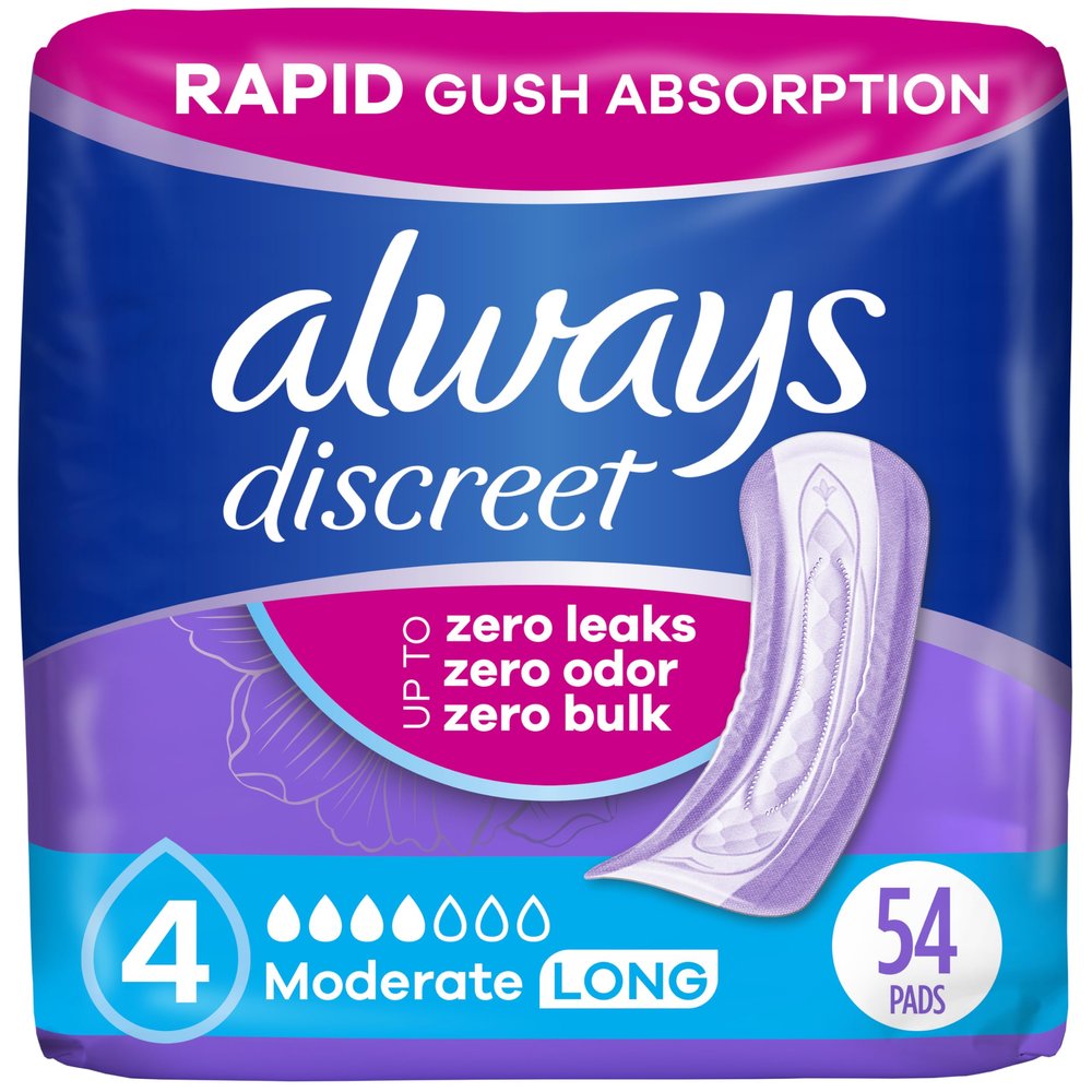 Always Discreet, Incontinence Pads, Moderate, Long Length, 54 Count (Packaging May Vary)