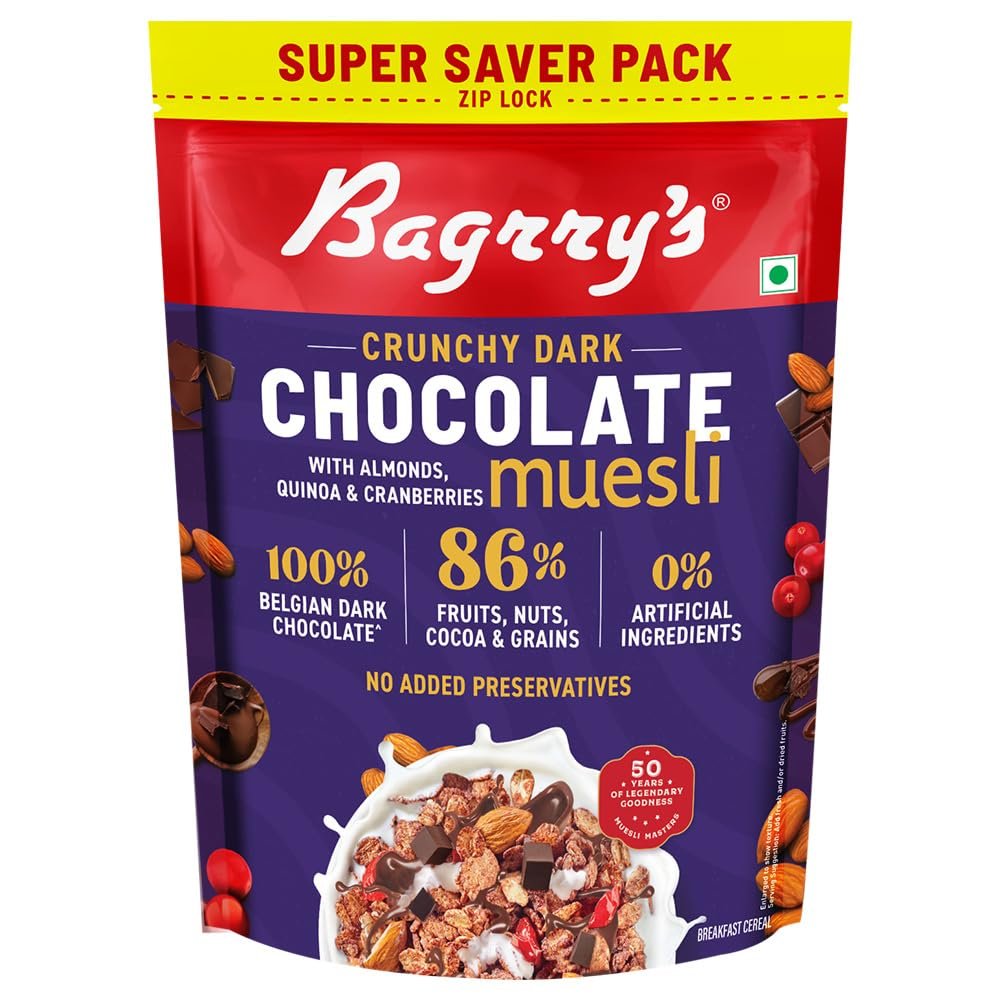 Bagrry's Crunchy Dark Chocolate Muesli 750g | 100% Belgian Dark Chocolate Muesli | 86% Fruits, Nuts, Cocoa & Grains | No Artificial Ingredients | High Fibre Breakfast Cereal