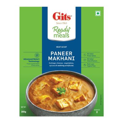 Gits Ready to Eat Paneer Makhani, Pure Veg, Heat and Eat Spicy Curry, Microwaveable, 285g