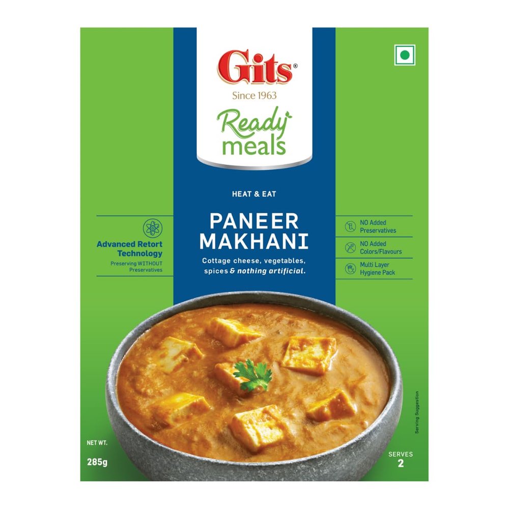 Gits Ready to Eat Paneer Makhani, Pure Veg, Heat and Eat Spicy Curry, Microwaveable, 285g