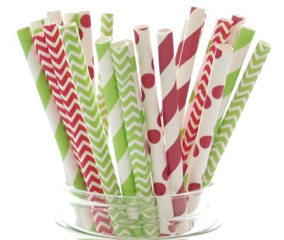 Christmas Straws, Red & Green Holiday Straws, Vintage Party Supplies, Santa Red & Elf Green Straws, 25 Pack - December Christmas Straws