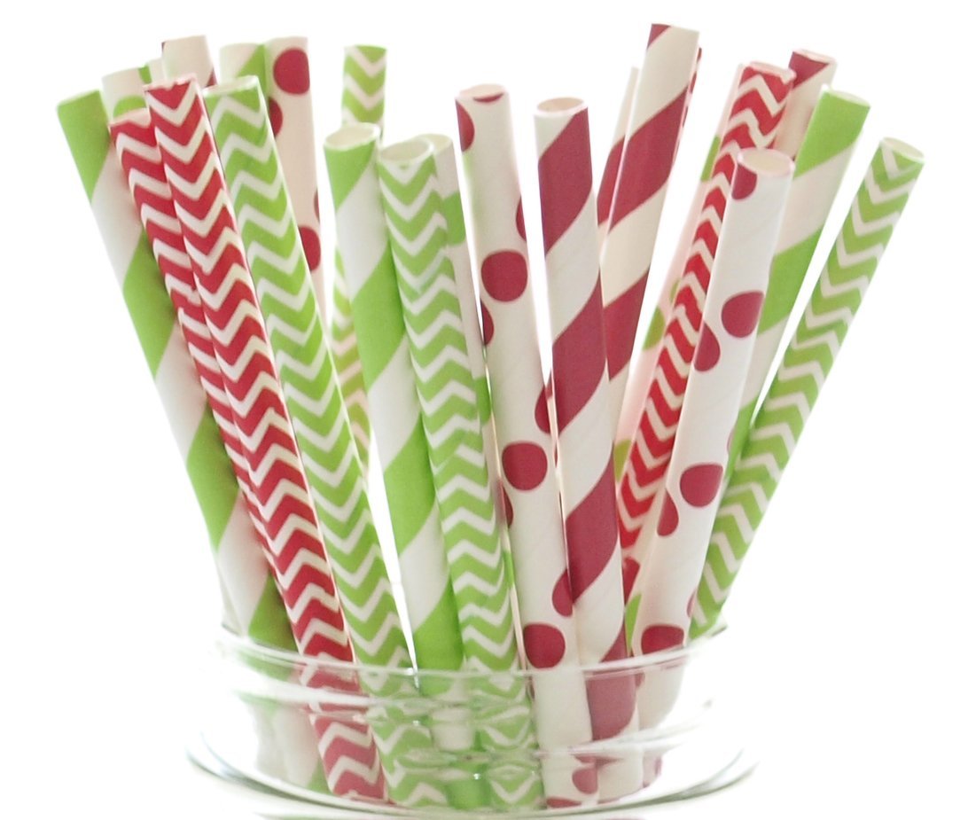 Christmas Straws, Red & Green Holiday Straws, Vintage Party Supplies, Santa Red & Elf Green Straws, 25 Pack - December Christmas Straws
