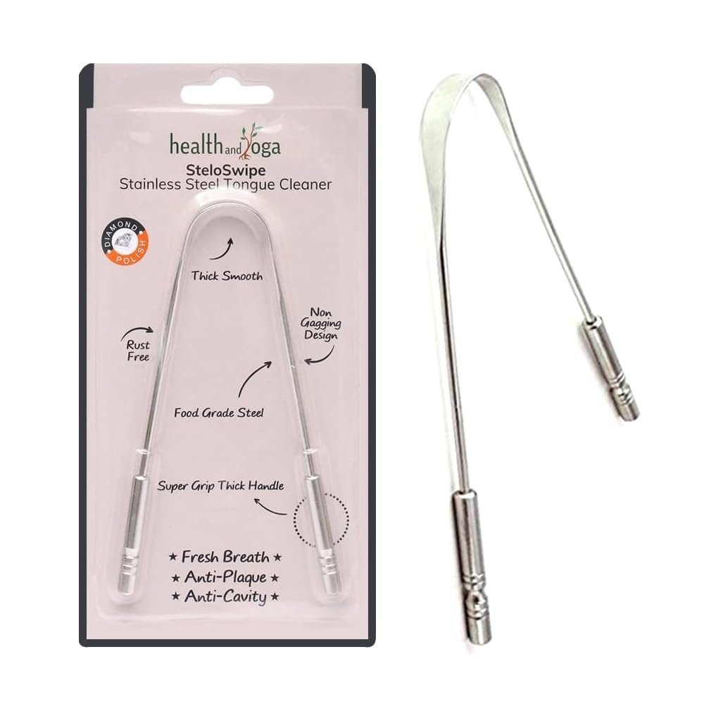 HealthAndYoga SteloSwipe Stainless Steel Tongue Cleaner (Pack of 1)- Premium Design, Surgical Grade Scraper, Sterlisable- For Oral Care, Prevents Bad breath & Cavities- Women & Men- Travel/Home Use