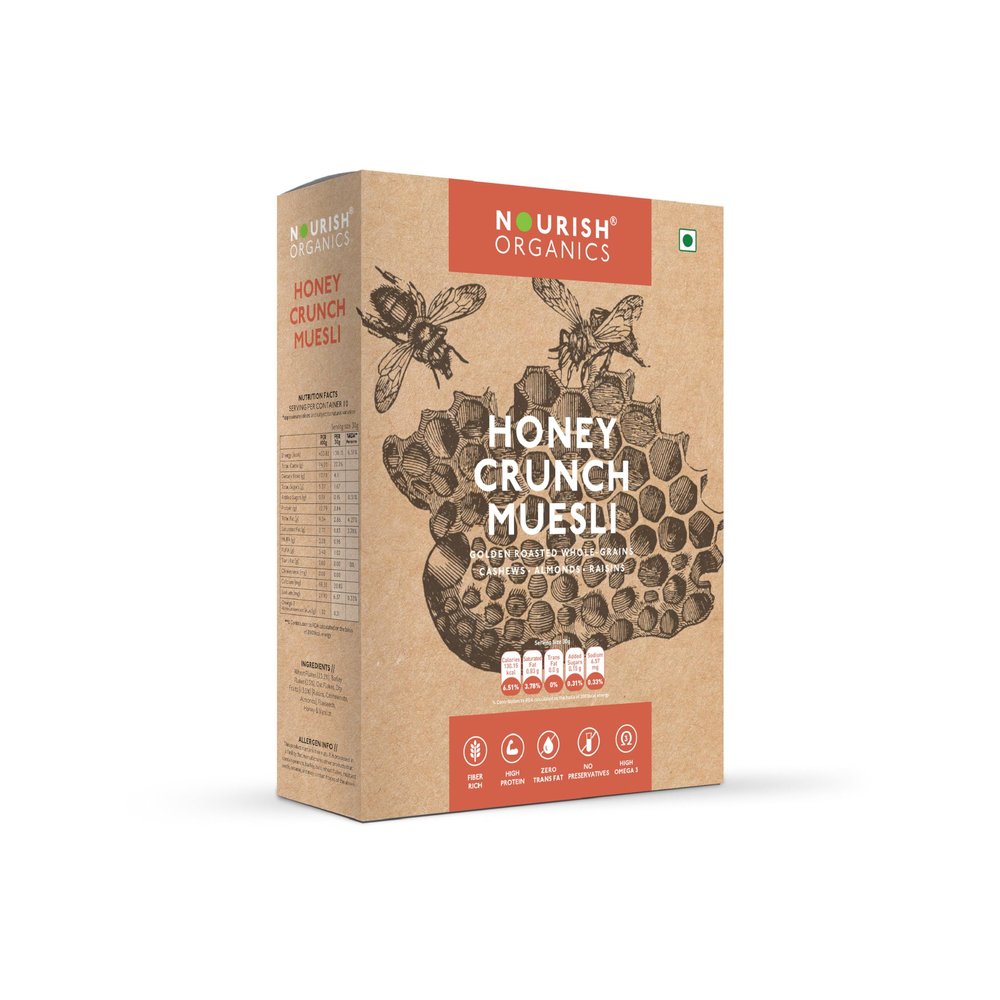 Nourish Organics Honey Crunch Muesli, 300g Pack | Healthy and Nutritious Breakfast Cereals with Whole Nuts | No Refined Sugar | Clean Label
