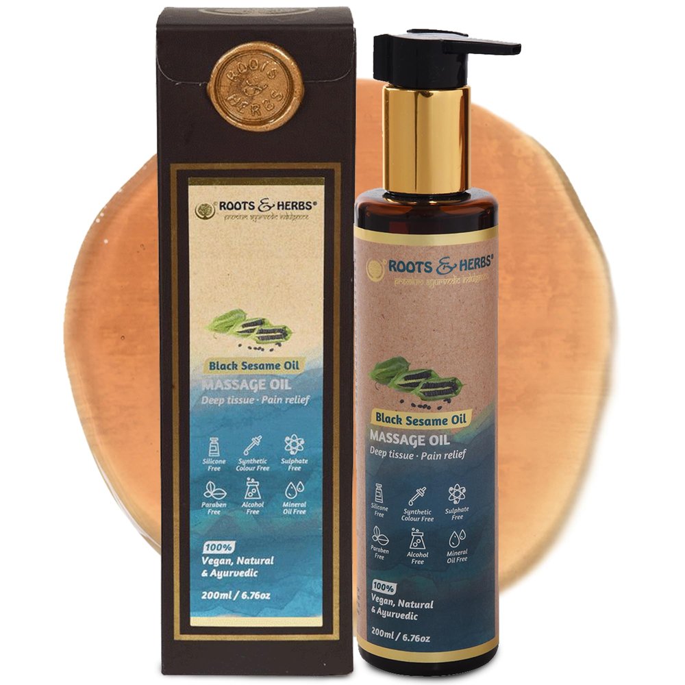 Black Sesame Seed Oil - Body Massage Oil Warmer with Cold-Pressed Black Seed Oil, Ayurvedic Herbs - Body Massage Oil for Massage Therapy - Roots and Herbs, 6.76 oz
