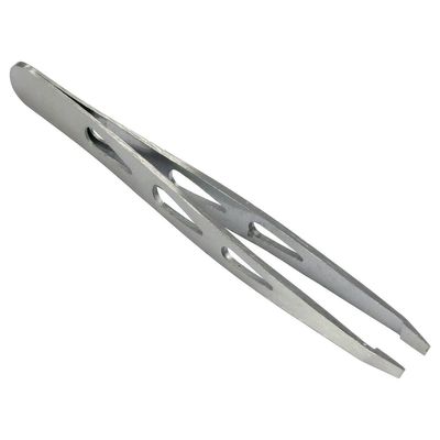 HTS 172D0 4" Brushed Stainless Slanted Eyebrow Tweezers with Droplet Holes