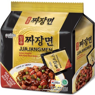 Paldo Fun & Yum Ilpoom Jjajangmen Noodles, Traditional Brothless Chajang Ramen with Savory & Sweet Black Bean Sauce, Oriental Style Korean Ramyun, Soupless, 4 x 200 grams, Pk of 4, Non Spicy Korea|