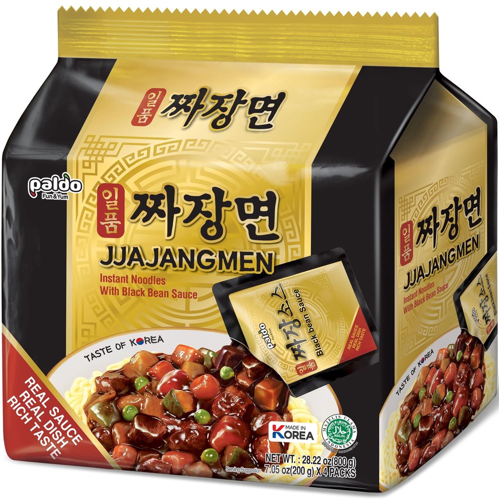 Paldo Fun & Yum Ilpoom Jjajangmen Noodles, Traditional Brothless Chajang Ramen with Savory & Sweet Black Bean Sauce, Oriental Style Korean Ramyun, Soupless, 4 x 200 grams, Pk of 4, Non Spicy Korea|
