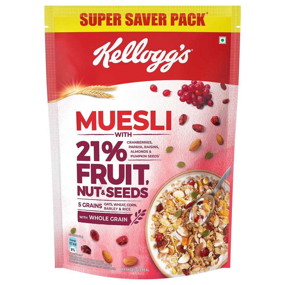 Kellogg's Muesli Crunchy Fruit And Nut, Multi-Grain Cereal, High In Iron, Vitamin B And Source Of Fibre, 500g