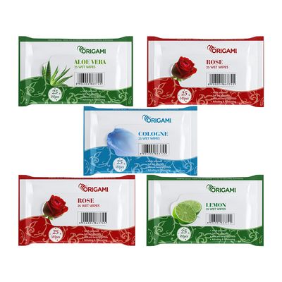 Origami Wet Wipes/Wet Tissue/Wet Facial Tissue - 15 x 20 cm - 25 Pulls Per Pack - Pack of 5-125 Wipes - Assorted Fragrances