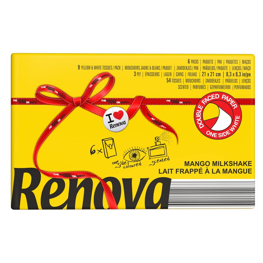 Renova Pocket Tissues - Yellow , 3 Ply , Double Faced , Fruity Yellow Mango Milkshake Scented , First Time In INDIA.