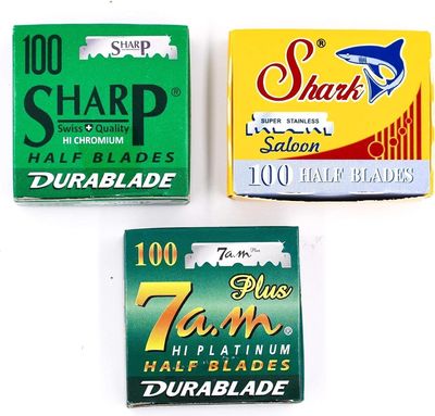 Straight Edge Barber Razor / Shavette Razor Blade Variety Pack - 300 Blades - 100 each of Shark, Sharp & Permasharp Half Blades