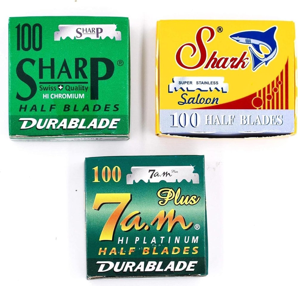 Straight Edge Barber Razor / Shavette Razor Blade Variety Pack - 300 Blades - 100 each of Shark, Sharp & Permasharp Half Blades