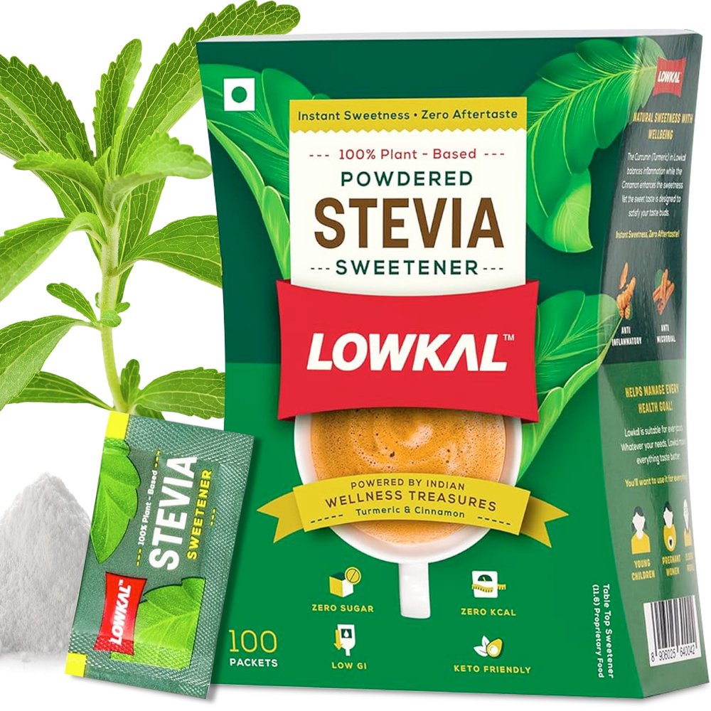 LOWKAL Stevia Sachets | 100 Count * 0.8 gram | Use For Travel, Coffee Machine | Natural, Great Taste | No Sugar-Spike Ingredients | With Gut-Friendly Turmeric, Cinnamon | Stevia Sugar Free Sachets 100