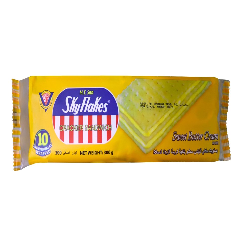 M.Y. San Cracker Sandwich Biscuits | Sweet Butter Cream Flavour | Crunchy Cream-Filled Snack | 300g Pack of 10 Family Packs