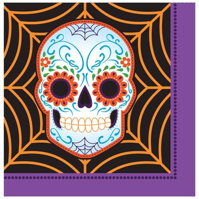 Creative Converting Day of the Dead Lunch Napkins, Black/Purple/Orange