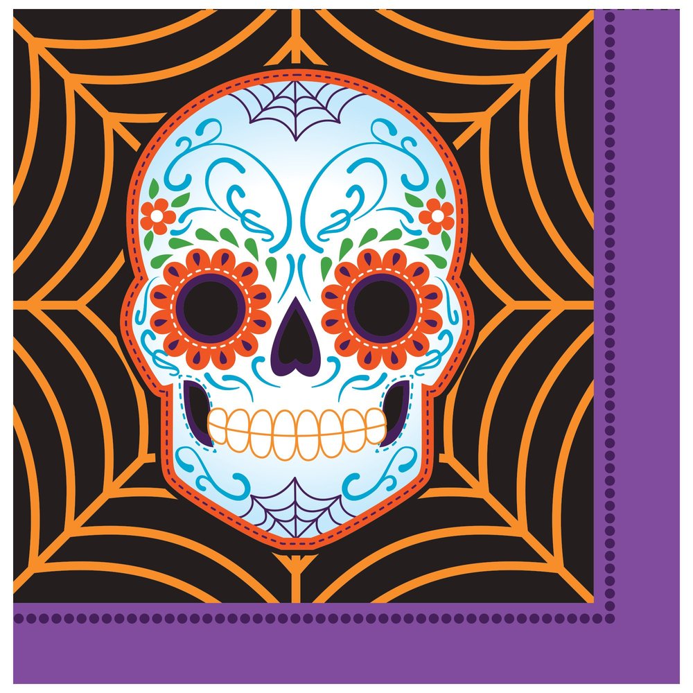 Creative Converting Day of the Dead Lunch Napkins, Black/Purple/Orange