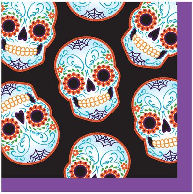 Creative Converting Day of the Dead Beverage Napkins, Black/Purple/Orange
