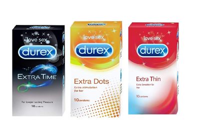 Durex Condoms Extended Pleasure, Feel Thin , And Excite Me, 10Pcs - 3 Pack Combo