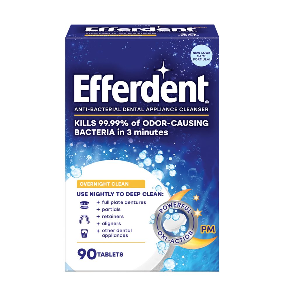 Efferdent PM Overnight Anti-Bacterial Denture Cleanser Tablets, 90 Count