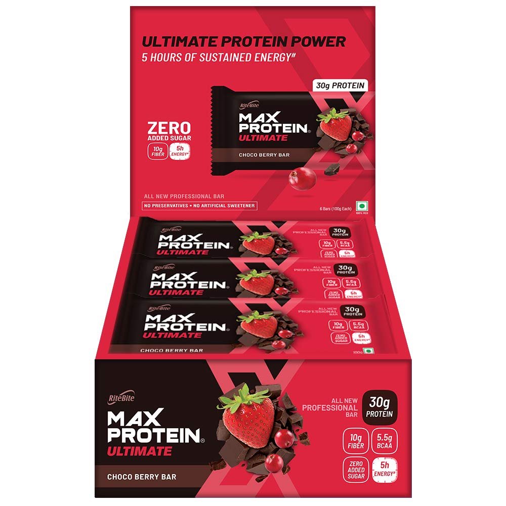 RiteBite Max Protein Ultimate Choco Berry 30g Protein Bars [Pack of 12] Protein Blend, Fiber, Vitamins & Minerals, No Preservatives, 100% Veg, No Added Sugar, For Energy, Fitness & Immunity - 1200g