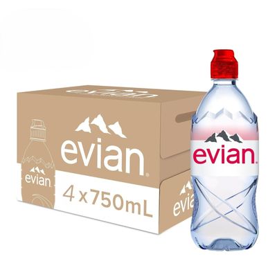 Evian Mineral water, Naturally Filtered Drinking water, 750ml Bottled Water Crafted by Nature, Case of 4 X 750ml Sports Cap Water Bottles
